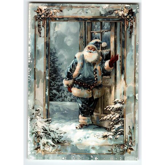 Vintage Christmas Santa Claus in Blue Suit Lithograph Postcard 5.5x4" Snow - Picture 1 of 2